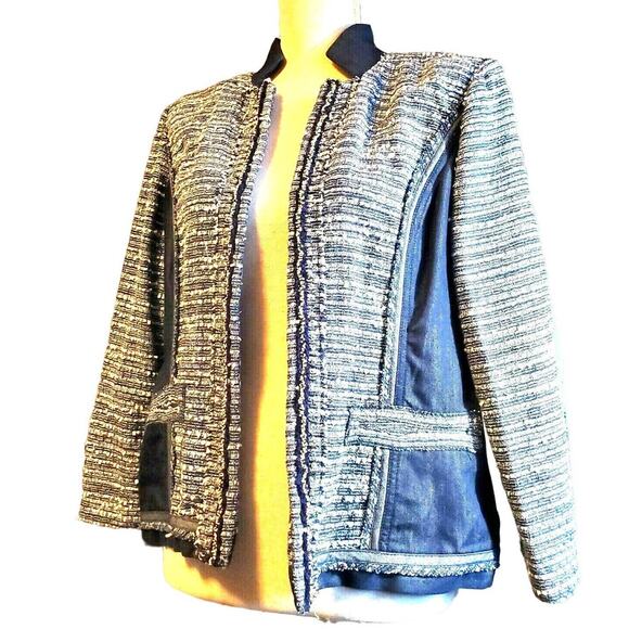 Chico's Jacket Sz 1 (M) Blue White Textured Fringe Sequins Beaded Stripe Classic - Picture 1 of 12